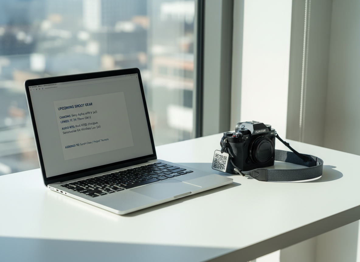A minimalist workstation featuring a slim laptop on a clean white desk, its screen displaying a modern gear checkout interface with a list of cameras, lenses, and audio kits assigned to an upcoming shoot. Next to the laptop, a compact mirrorless camera rests on a folded slate-grey strap, a small QR code tag hanging from the buckle. Soft morning light enters from the right, casting gentle, elongated shadows and subtle highlights across the metal camera body. Shot at a three-quarter angle with the laptop slightly off-center using the rule of thirds, the image feels calm, focused, and contemporary, with a bright, photographic style that emphasizes ease of use and lightweight workflows.