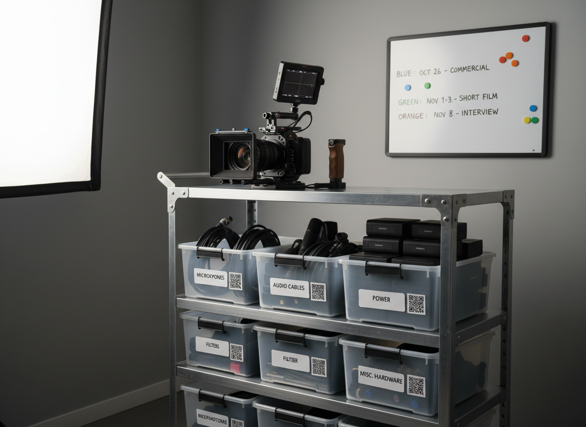 A meticulously organized gear cart parked in a small production studio corner, its shelves holding labeled storage bins with minimal white decals and QR codes, packed with microphones, cables, batteries, and filters. Mounted on top is a compact cinema camera with matte box and monitor, ready to roll. The background shows a neutral wall with a simple, magnetic planning board displaying color-coded shoot dates and gear allocations. Soft, even studio lighting from above and slightly to the side creates defined but gentle shadows, highlighting textures of metal, rubber, and plastic. Photographed at slightly below eye level with moderate depth of field, the scene communicates readiness, efficiency, and collaboration in a polished, realistic style.