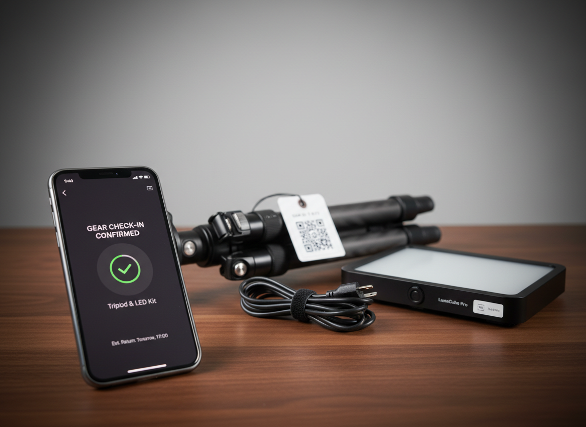 A split-focus composition of two devices on a walnut desk: in the foreground, a smartphone screen displaying a clean, dark-mode gear check-in confirmation for a tripod and LED kit; in the mid-ground, a labeled tripod with a small QR code tag hanging from its leg, resting beside a compact LED panel with tidy coiled cable. A neutral studio backdrop keeps the environment minimal. Directional side lighting from the left creates pleasing contrast and a subtle vignette, while maintaining legible details on the screen and tags. Photographed with shallow depth of field that transitions focus from phone to gear, the mood is confident and modern, showcasing quick, reliable gear management on the go.
