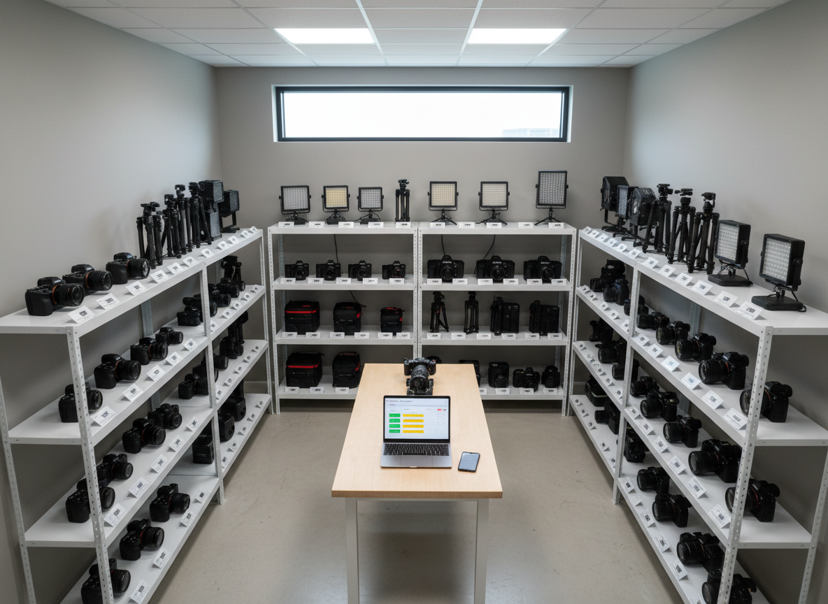 An overhead view of a compact in-house video gear room, shelves lined with mirrorless cameras, tripods, LED panels, and audio kits, each slot labeled with minimal white tags and QR codes. On a central worktable sits an open laptop and smartphone, both showing simplified gear availability grids with color-coded statuses. Neutral walls and uncluttered surfaces set a professional tone. Cool, even ceiling lighting and a hint of daylight from a high window keep the space evenly lit, with crisp details throughout. The composition uses a tidy, grid-like arrangement to highlight order and workflow, photographed with sharp focus and photographic realism to evoke a streamlined, scalable system for small teams.